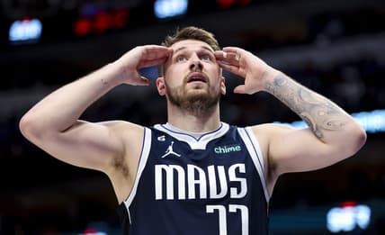 Feb 26, 2023; Dallas, Texas, USA; Dallas Mavericks guard Luka Doncic (77) reacts during the fourth quarter against the Los Angeles Lakers at American Airlines Center. Mandatory Credit: Kevin Jairaj-USA TODAY Sports