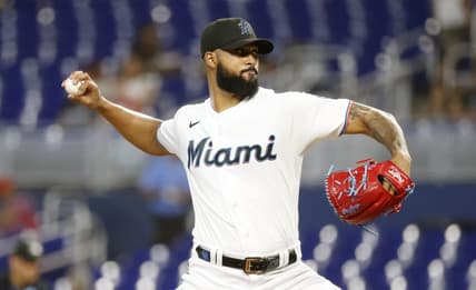 May 2, 2023; Miami, Florida, USA; Miami Marlins starting pitcher Sandy Alcantara (22) pitches against the Atlanta Braves during the first inning at loanDepot Park. Mandatory Credit: Rhona Wise-USA TODAY Sports