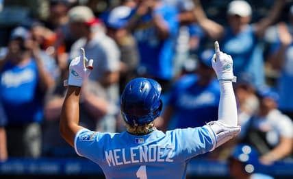 May 28, 2023; Kansas City, Missouri, USA; Kansas City Royals right fielder MJ Melendez (1) celebrates after hitting a home run during the seventh inning against the Washington Nationals at Kauffman Stadium. Mandatory Credit: Jay Biggerstaff-USA TODAY Sports