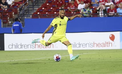 Jun 3, 2023; Frisco, Texas, USA;  Nashville SC midfielder Hany Mukhtar (10) scores a goal during the second half against FC Dallas at Toyota Stadium. Mandatory Credit: Kevin Jairaj-USA TODAY Sports