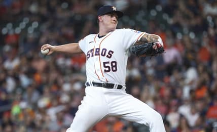 Jun 13, 2023; Houston, Texas, USA; Houston Astros starting pitcher Hunter Brown (58) delivers a pitch during the first inning against the Washington Nationals at Minute Maid Park. Mandatory Credit: Troy Taormina-USA TODAY Sports