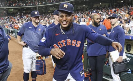 Aug 1, 2023; Houston, Texas, USA; Houston Astros starting pitcher Framber Valdez (59) celebrates after pitching a no-hitter against the Cleveland Guardians at Minute Maid Park. Mandatory Credit: Troy Taormina-USA TODAY Sports