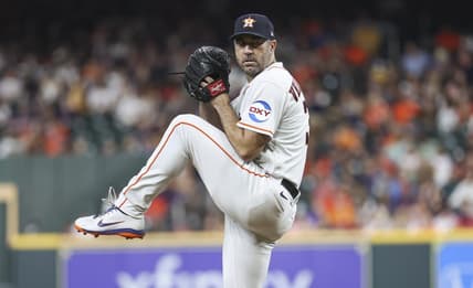 Aug 22, 2023; Houston, Texas, USA; Houston Astros starting pitcher Justin Verlander (35) delivers a pitch during the second inning against the Boston Red Sox at Minute Maid Park. Mandatory Credit: Troy Taormina-USA TODAY Sports