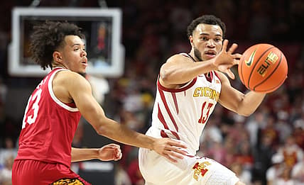 Iowa State University Cyclones guard Jaren Holmes (13) passes the ball around IUPUI Jaguars guard DJ Jackson (13)during the second half in the season opening home game at Hilton Coliseum Monday, Nov. 7, 2022, in Ames, Iowa.  Photo by Nirmalendu Majumdar/Ames Tribune

Ncaa Men S Basketball
