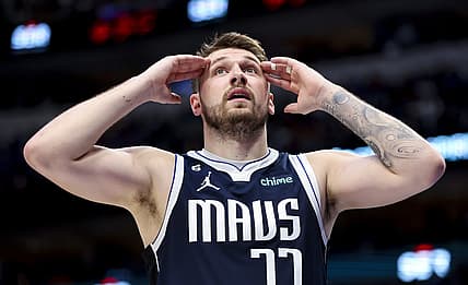 Feb 26, 2023; Dallas, Texas, USA; Dallas Mavericks guard Luka Doncic (77) reacts during the fourth quarter against the Los Angeles Lakers at American Airlines Center. Mandatory Credit: Kevin Jairaj-USA TODAY Sports