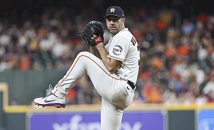 Aug 22, 2023; Houston, Texas, USA; Houston Astros starting pitcher Justin Verlander (35) delivers a pitch during the second inning against the Boston Red Sox at Minute Maid Park. Mandatory Credit: Troy Taormina-USA TODAY Sports
