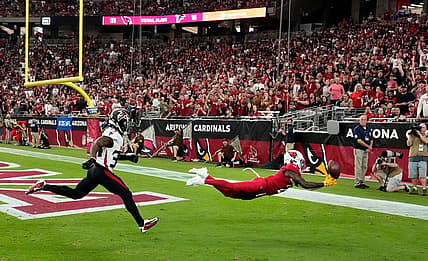 Nov 12, 2023; Glendale, AZ, USA; Arizona Cardinals wide receiver Marquise Brown (2) misses a touchdown catch against the Atlanta Falcons in the first half at State Farm Stadium. Mandatory Credit: Rob Schumacher-Arizona Republic