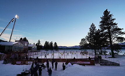 Feb 21, 2021; Stateline, Nevada, USA; A general view as the sun sets during the first period in a NHL Outdoors hockey game between the Philadelphia Flyers and the Boston Bruins at Lake Tahoe. Mandatory Credit: Kirby Lee-USA TODAY Sports