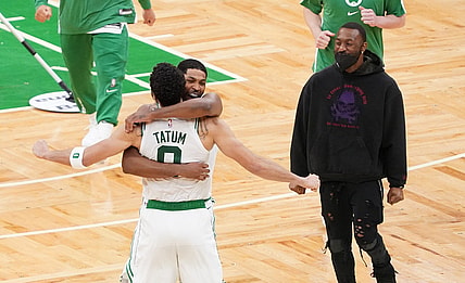 Apr 30, 2021; Boston, Massachusetts, USA; Boston Celtics forward Jayson Tatum (0) and center Tristan Thompson (13) react after defeating the San Antonio Spurs in overtime at TD Garden. Mandatory Credit: David Butler II-USA TODAY Sports