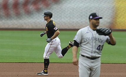 May 29, 2021; Pittsburgh, Pennsylvania, USA;  Pittsburgh Pirates center fielder Bryan Reynolds (10) circles the bases on a two run home run against Colorado Rockies relief pitcher Jhoulys Chacin (43) during the fifth inning at PNC Park. Mandatory Credit: Charles LeClaire-USA TODAY Sports