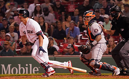 Jun 8, 2021; Boston, Massachusetts, USA; Boston Red Sox right fielder Hunter Renfroe (10) grounded out to third base to drives in a run against the Houston Astros in the fourth inning at Fenway Park. Mandatory Credit: David Butler II-USA TODAY Sports