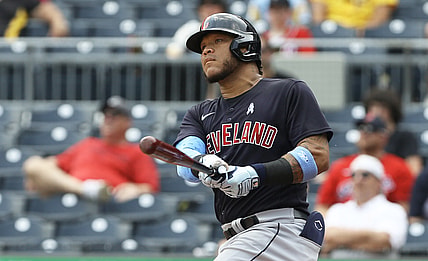 Jun 20, 2021; Pittsburgh, Pennsylvania, USA; Cleveland Indians center fielder Harold Ramirez (40) hits a solo home run against the Pittsburgh Pirates during the fifth inning at PNC Park. Mandatory Credit: Charles LeClaire-USA TODAY Sports