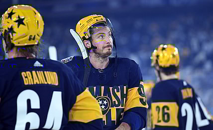 Feb 26, 2022; Nashville, Tennessee, USA; Nashville Predators center Matt Duchene (95) reacts after a loss against the Tampa Bay Lightning in a Stadium Series ice hockey game at Nissan Stadium. Mandatory Credit: Christopher Hanewinckel-USA TODAY Sports
