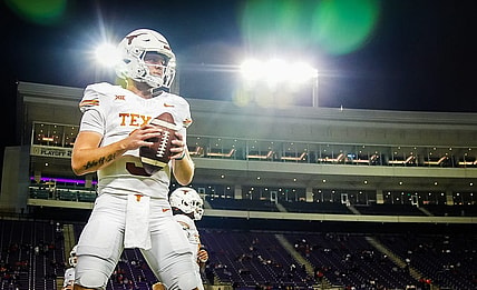 Nov 11, 2023; Fort Worth, Texas, USA; Texas Longhorns quarterback Quinn Ewers (3) warms up before competing against TCU Horned Frogs in an NCAA college football game, Saturday, November. 11, 2023, at Amon G. Carter Stadium. Mandatory Credit: Ricardo B. Brazziell-USA TODAY Sports
