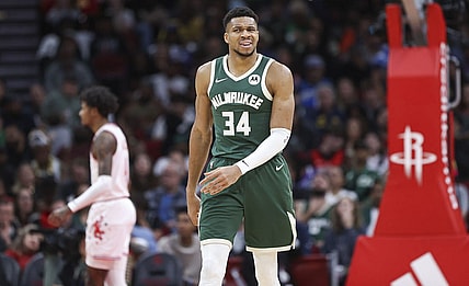 Jan 6, 2024; Houston, Texas, USA; Milwaukee Bucks forward Giannis Antetokounmpo (34) reacts after a play during the third quarter against the Houston Rockets at Toyota Center. Mandatory Credit: Troy Taormina-USA TODAY Sports