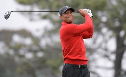 Jan 26, 2020; San Diego, California, USA; Tiger Woods plays his shot from the fifth tee during the final round of the Farmers Insurance Open golf tournament at Torrey Pines Municipal Golf Course - South Co. Mandatory Credit: Orlando Ramirez-USA TODAY Sports