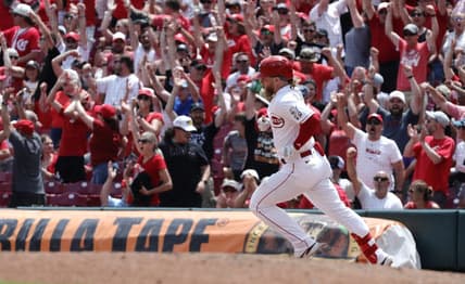 Jun 21, 2023; Cincinnati, Ohio, USA; Cincinnati Reds right fielder Jake Fraley (27) runs after hitting a two-run home run against the Colorado Rockies during the eighth inning at Great American Ball Park. Mandatory Credit: David Kohl-USA TODAY Sports