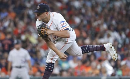 Jul 4, 2023; Houston, Texas, USA; Houston Astros starting pitcher Brandon Bielak (64) delivers a pitch during the first inning against the Colorado Rockies at Minute Maid Park. Mandatory Credit: Troy Taormina-USA TODAY Sports