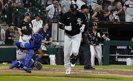 Aug 31, 2022; Chicago, Illinois, USA; Chicago White Sox shortstop Elvis Andrus (1) hits a home run against the Kansas City Royals during the fifth inning at Guaranteed Rate Field. Mandatory Credit: David Banks-USA TODAY Sports