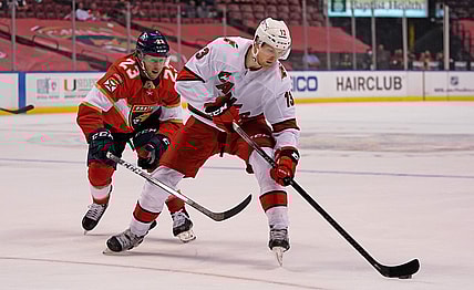 Mar 1, 2021; Sunrise, Florida, USA; Florida Panthers center Carter Verhaeghe (23) reaches for the puck on Carolina Hurricanes left wing Warren Foegele (13) during the first period at BB&T Center. Mandatory Credit: Jasen Vinlove-USA TODAY Sports