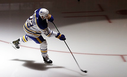 May 8, 2021; Pittsburgh, Pennsylvania, USA;  Buffalo Sabres center Sam Reinhart (23) takes the ice to warm up against the Pittsburgh Penguins at PPG Paints Arena. Mandatory Credit: Charles LeClaire-USA TODAY Sports
