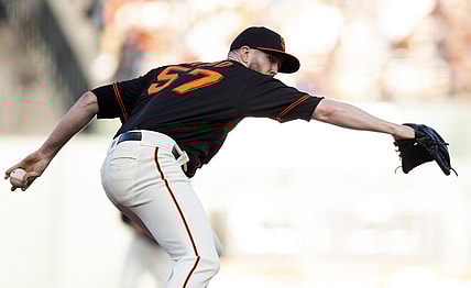 Sep 18, 2021; San Francisco, California, USA; San Francisco Giants starting pitcher Alex Wood (57) delivers against the Atlanta Braves during the first inning at Oracle Park. Mandatory Credit: D. Ross Cameron-USA TODAY Sports
