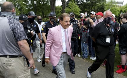 Apr 17, 2021; Tuscaloosa, Alabama, USA;  Alabama head coach Nick Saban arrives at the Denny Chimes on A-Day to speak at the ceremony enshrining the permanent captains from the 2020 and 2021 University of Alabama football teams. Mandatory Credit: Gary Cosby-USA TODAY Sports