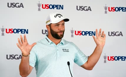 Jun 14, 2022; Brookline, Massachusetts, USA; Jon Rahm addresses the media during a press conference for the U.S. Open golf tournament at The Country Club. Mandatory Credit: John David Mercer-USA TODAY Sports