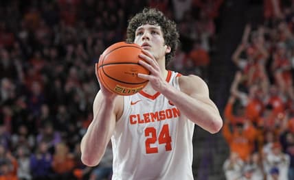 January 21, 2023; Clemson, SC; Clemson sophomore forward PJ Hall (24) shoots a free throw against Virginia Tech during the second half at Littlejohn Coliseum in Clemson, S.C. Saturday, January 21, 2023. Mandatory Credit: Ken Ruinard-USA TODAY NETWORK
