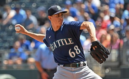Aug 17, 2023; Kansas City, Missouri, USA;  Seattle Mariners starting pitcher George Kirby (68) delivers a pitch in the first inning against the Kansas City Royals at Kauffman Stadium. Mandatory Credit: Peter Aiken-USA TODAY Sports