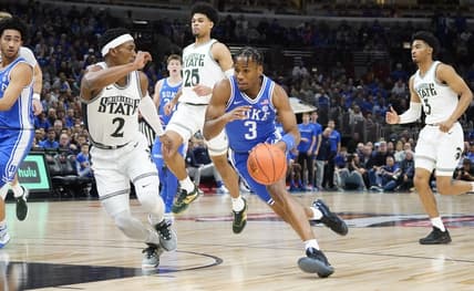 Nov 14, 2023; Chicago, Illinois, USA; Michigan State Spartans guard Tyson Walker (2) defends Duke Blue Devils guard Jeremy Roach (3) during the first half at United Center. Mandatory Credit: David Banks-USA TODAY Sports