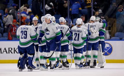 Jan 13, 2024; Buffalo, New York, USA;  The Vancouver Canucks celebrate a win over the Buffalo Sabres at KeyBank Center. Mandatory Credit: Timothy T. Ludwig-USA TODAY Sports