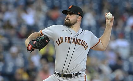 Jun 17, 2022; Pittsburgh, Pennsylvania, USA; San Francisco Giants starting pitcher Carlos Rodon (16) delivers a pitch against the Pittsburgh Pirates during the first inning at PNC Park. Mandatory Credit: Charles LeClaire-USA TODAY Sports