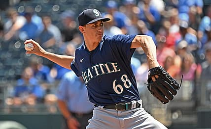 Aug 17, 2023; Kansas City, Missouri, USA;  Seattle Mariners starting pitcher George Kirby (68) delivers a pitch in the first inning against the Kansas City Royals at Kauffman Stadium. Mandatory Credit: Peter Aiken-USA TODAY Sports