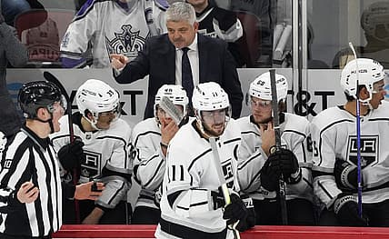 Jan 22, 2023; Chicago, Illinois, USA; Los Angeles Kings head coach Todd McLellan gestures to the referee after a penalty call during the third period at United Center. Mandatory Credit: David Banks-USA TODAY Sports