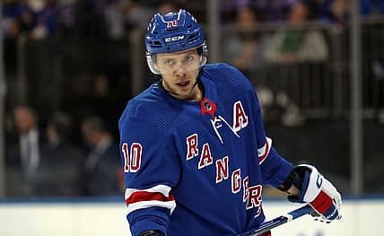 Nov 27, 2023; New York, New York, USA; New York Rangers left wing Artemi Panarin (10) skates against the Buffalo Sabres during the first period at Madison Square Garden. Mandatory Credit: Danny Wild-USA TODAY Sports