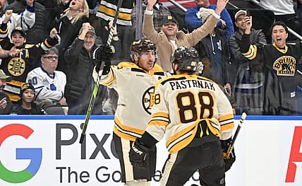 Dec 2, 2023; Toronto, Ontario, CAN; Boston Bruins forward Brad Marchand (63) celebrates with forward David Pastrnak (88) after scoring the game winning goal in overtime against the Toronto Maple Leafs at Scotiabank Arena. Mandatory Credit: Dan Hamilton-USA TODAY Sports