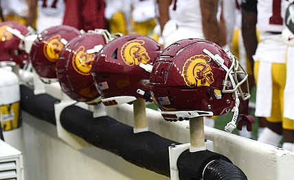 Sep 18, 2021; Pullman, Washington, USA; USC Trojans helmets sit during a game against the Washington State Cougars in the first half at Gesa Field at Martin Stadium. Mandatory Credit: James Snook-USA TODAY Sports