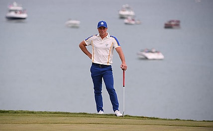 Sep 26, 2021; Haven, Wisconsin, USA; Team Europe player Viktor Hovland looks over the third green during day three singles rounds for the 43rd Ryder Cup golf competition at Whistling Straits. Mandatory Credit: Orlando Ramirez-USA TODAY Sports