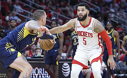 Oct 10, 2023; Houston, Texas, USA; Houston Rockets guard Fred VanVleet (5) dribbles the ball during the game against the Indiana Pacers at Toyota Center. Mandatory Credit: Troy Taormina-USA TODAY Sports