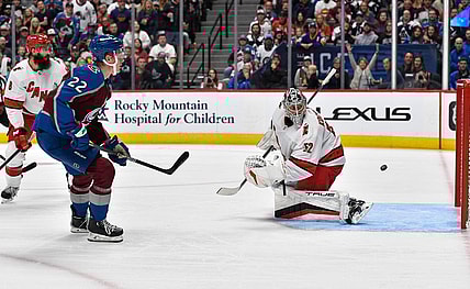 Oct 21, 2023; Denver, Colorado, USA; Colorado Avalanche center Fredrik Olofsson (22) takes a shot on Carolina Hurricanes goaltender Pyotr Kochetkov (52) for a goal in the second period at Ball Arena. Mandatory Credit: John Leyba-USA TODAY Sports