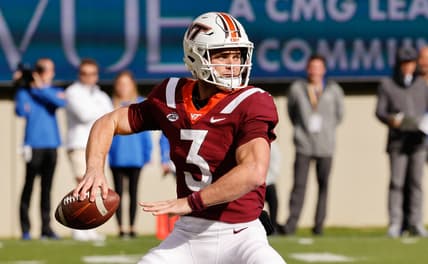 Oct 16, 2021; Blacksburg, Virginia, USA;  Virginia Tech Hokies quarterback Braxton Burmeister (3) drops to throw a pass during the first quarter against the Pittsburgh Panthers at Lane Stadium. Mandatory Credit: Reinhold Matay-USA TODAY Sports