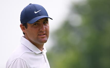 May 17, 2022; Tulsa, Oklahoma, USA; Scottie Scheffler looks on during a practice round for the PGA Championship golf tournament at Southern Hills Country Club. Mandatory Credit: Orlando Ramirez-USA TODAY Sports