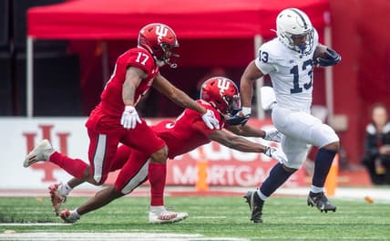 IPenn State's Kaytron Allen (13) avoids Indiana's Tiawan Mullen (3) during the first half of the Indiana versus Penn State football game at Memorial Stadium on Satruday, Nov. 5, 2022.

Iu Psu Fb Allen 1
