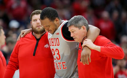 Jan 21, 2023; Columbus, Ohio, USA;  Ohio State Buckeyes forward Zed Key (23) leaves the court with a knee injury during the second half against the Iowa Hawkeyes at Value City Arena. Mandatory Credit: Joseph Maiorana-USA TODAY Sports