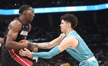 Jan 29, 2023; Charlotte, North Carolina, USA; Charlotte Hornets guard LaMelo Ball (1) tries to steal the ball from Miami Heat forward center Bam Adebayo (13) during the first half at the Spectrum Center. Mandatory Credit: Sam Sharpe-USA TODAY Sports