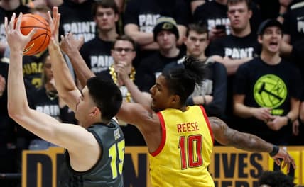 Purdue Boilermakers center Zach Edey (15) catches an inbounds pass during the NCAA men   s basketball game against the Maryland Terrapins, Sunday, Jan. 22, 2023, at Mackey Arena in West Lafayette, Ind. Purdue won 58-55.

Purmary012223 Am08851
