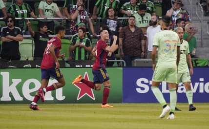Jun 3, 2023; Austin, Texas, USA;  Real Salt Lake forward Rubio Rubin (14) celebrates after scoring a goal against the Austin FC in the first half at Q2 Stadium. Mandatory Credit: Scott Wachter-USA TODAY Sports