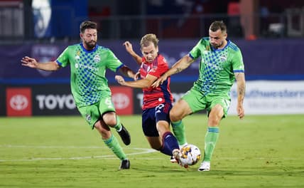 Sep 16, 2023; Frisco, Texas, USA;  Seattle Sounders midfielder Joao Paulo (6) and Seattle Sounders forward Jordan Morris (13) battle for the ball with FC Dallas midfielder Paxton Pomykal (19) during the first half at Toyota Stadium. Mandatory Credit: Kevin Jairaj-USA TODAY Sports