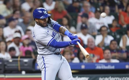 Sep 24, 2023; Houston, Texas, USA; Kansas City Royals right fielder Nelson Velazquez (17) hits a home run during the second inning against the Houston Astros at Minute Maid Park. Mandatory Credit: Troy Taormina-USA TODAY Sports